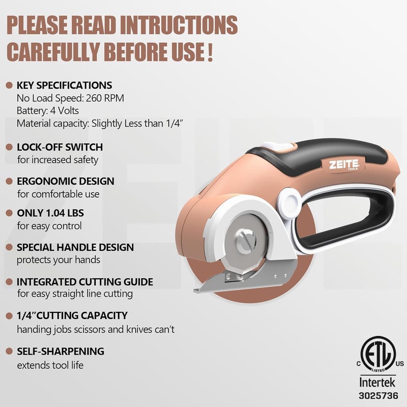 zeite 4V Cordless Electric Scissors Cardboard Cutter with 2 Blades,Storage Case,Rotary Cutter for Box Plastic Carpet Fabric, Easy to Hold and Safe,Mocha - Image 3